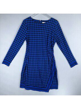 Michael Michael Kors Sheath Dress Womens Size L Blue Black Houndstooth Faux Wrap